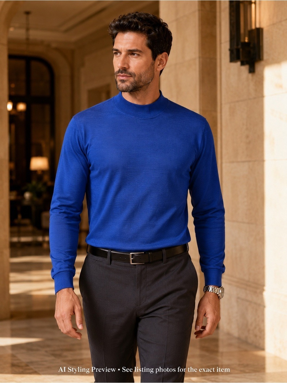 Bugatchi Men’s M Blue Mercerized Cotton Mock Neck Long Sleeve Shirt